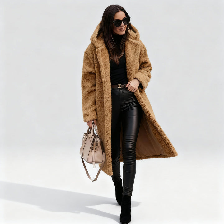 Long Plush Hooded Teddy Coat in Heavy Fleece for Women