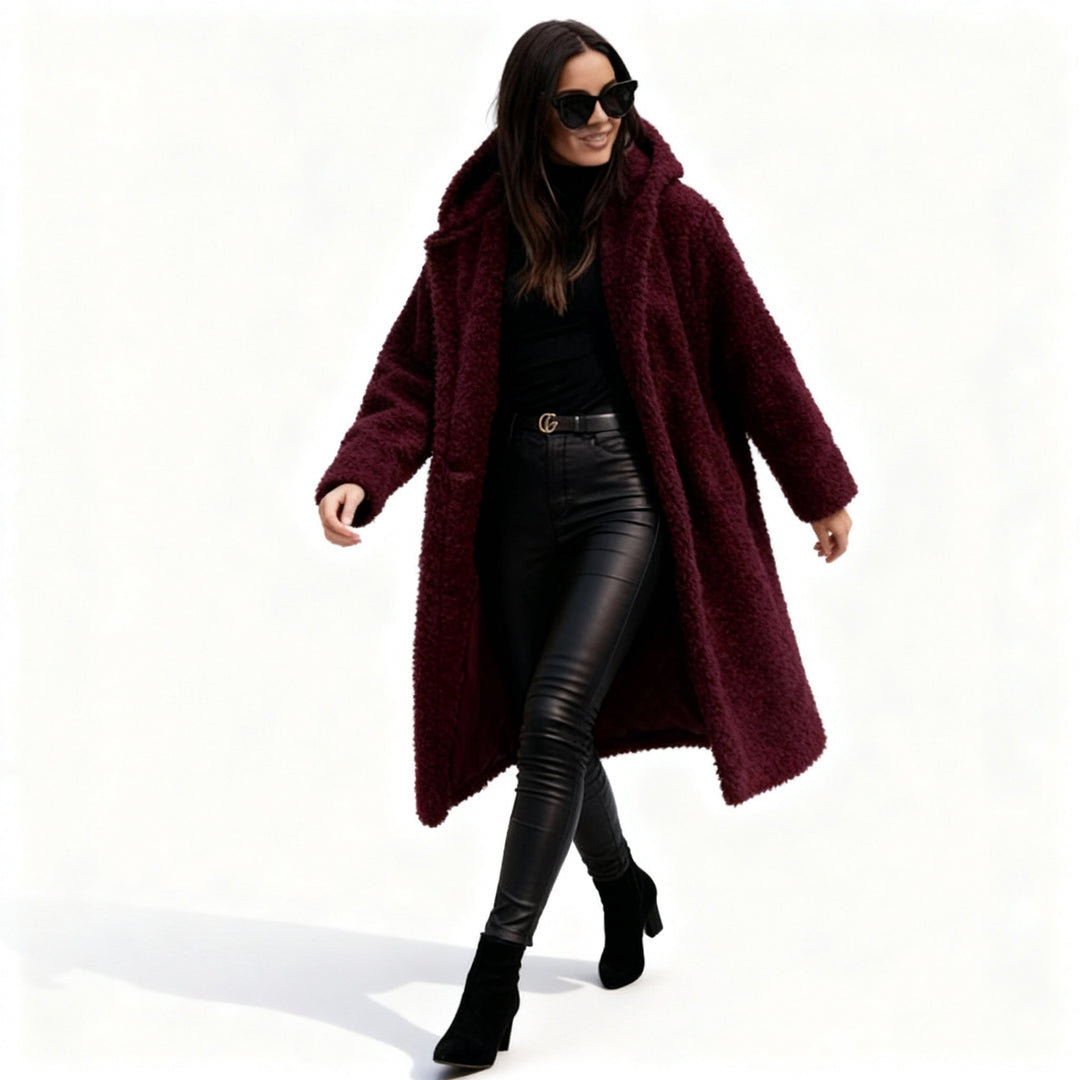 Long Plush Hooded Teddy Coat in Heavy Fleece for Women