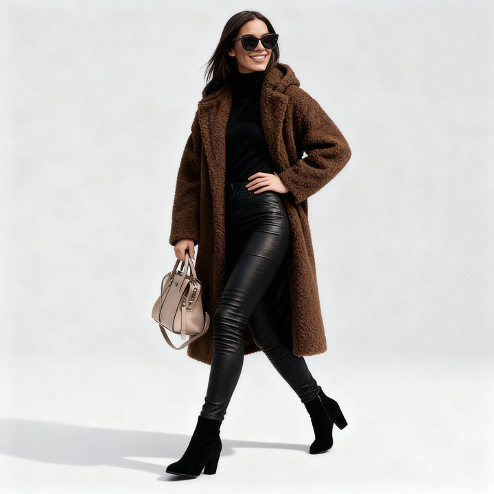 Long Plush Hooded Teddy Coat in Heavy Fleece for Women