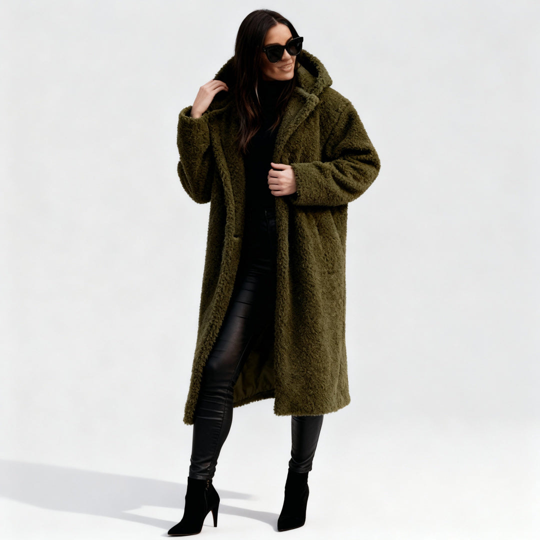 Long Plush Hooded Teddy Coat in Heavy Fleece for Women