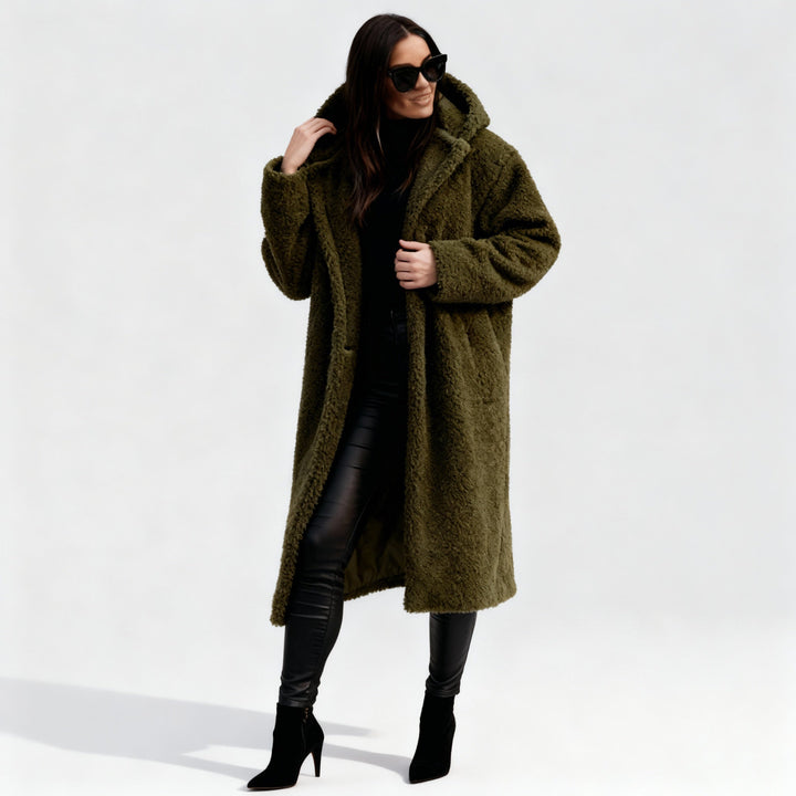Long Plush Hooded Teddy Coat in Heavy Fleece for Women