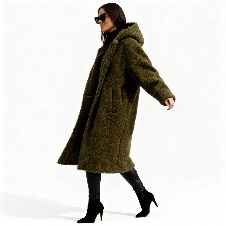 Long Plush Hooded Teddy Coat in Heavy Fleece for Women