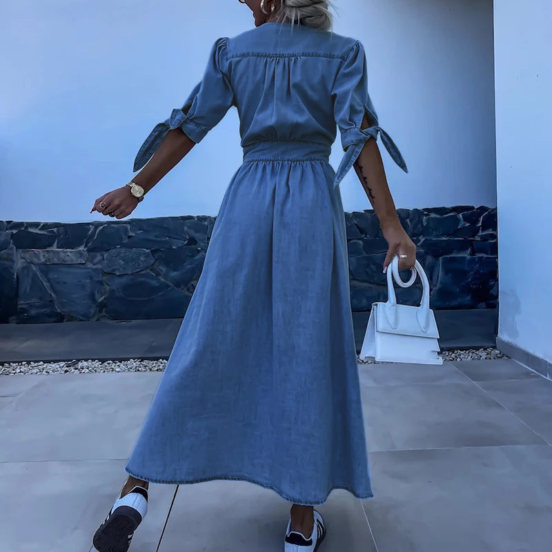 Belted Denim Shirt Dress with Button-Front Detail