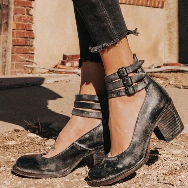 Block-Heel Court Shoes for Women - Classic Leather Look