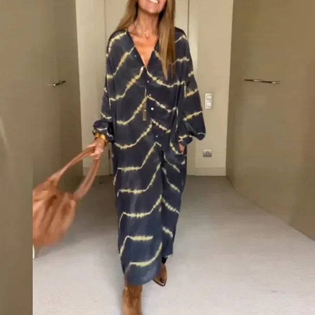Striped Boho Maxi Dress with Long Sleeves and Pockets