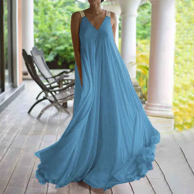 Boho Maxi Dress with Spaghetti Straps and V-Neckline