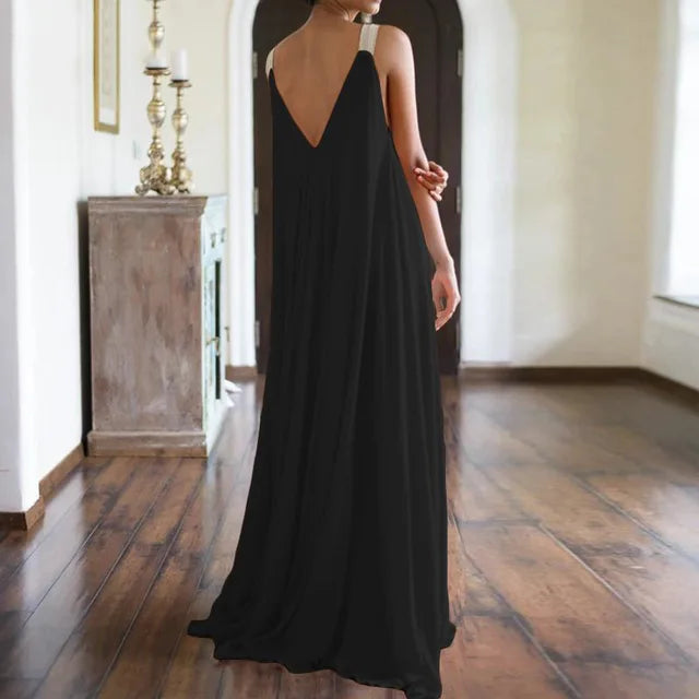 Boho Maxi Dress with Spaghetti Straps and V-Neckline