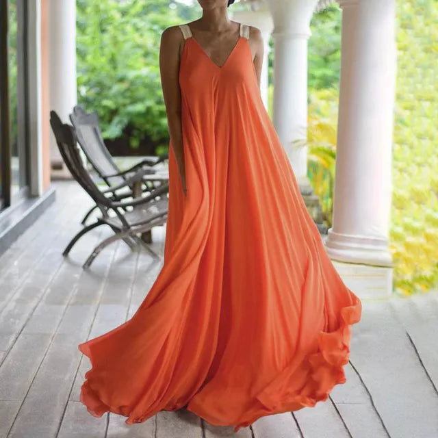 Boho Maxi Dress with Spaghetti Straps and V-Neckline
