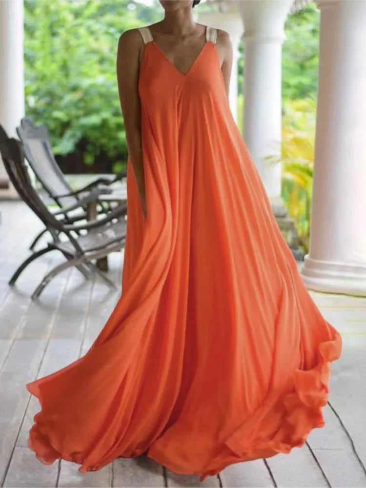 Boho Maxi Dress with Spaghetti Straps and V-Neckline