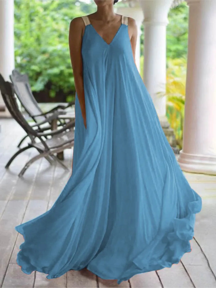 Boho Maxi Dress with Spaghetti Straps and V-Neckline