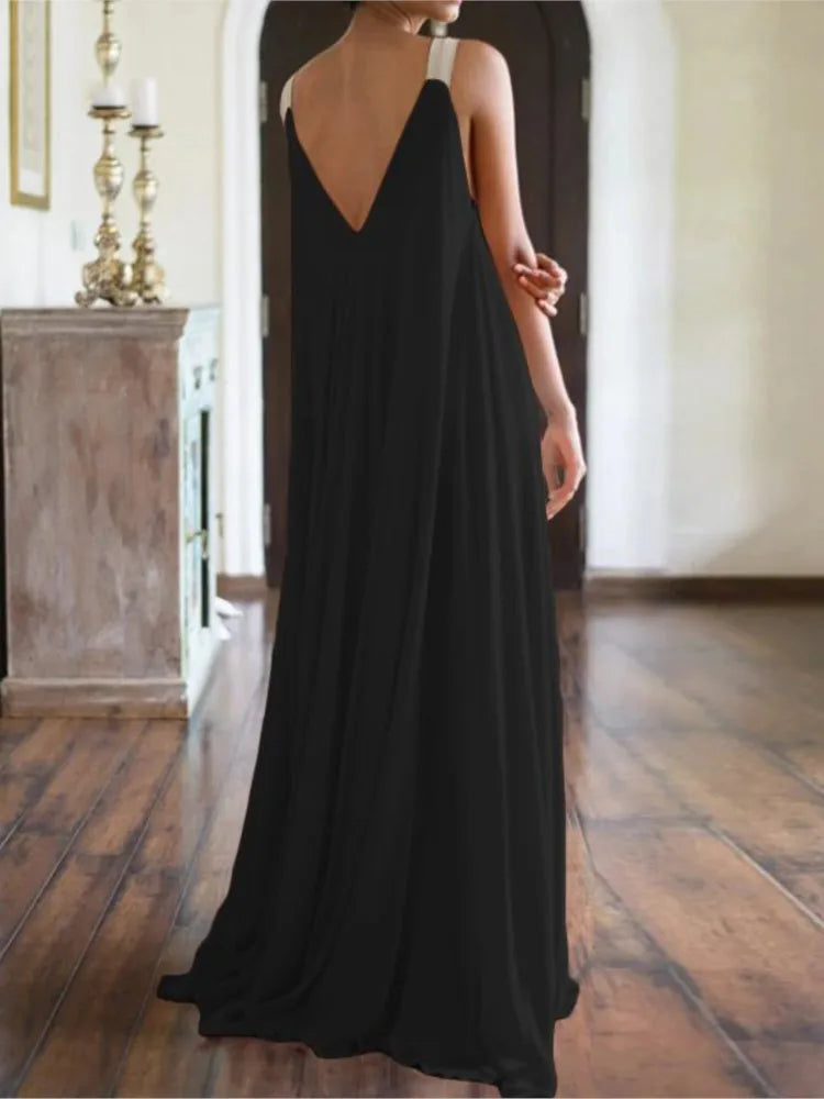 Boho Maxi Dress with Spaghetti Straps and V-Neckline