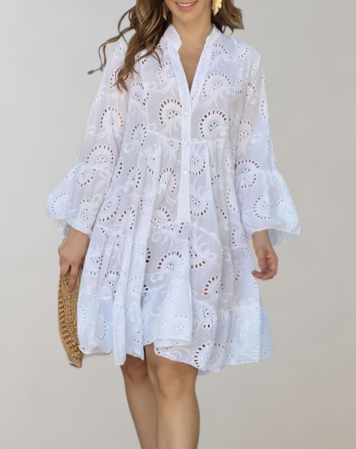 V-Neck Embroidered Bell Sleeve Dress in Relaxed Comfort