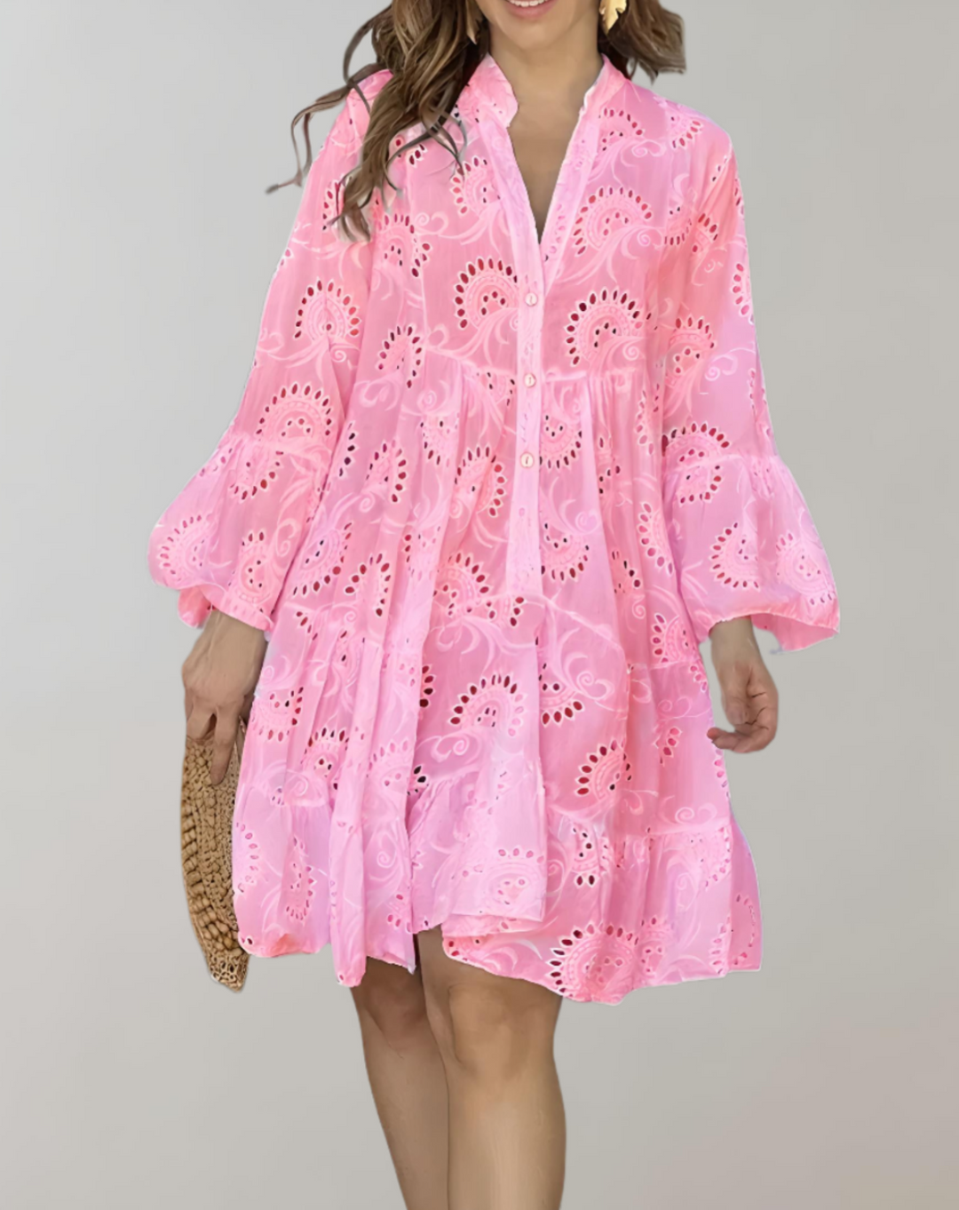 V-Neck Embroidered Bell Sleeve Dress in Relaxed Comfort