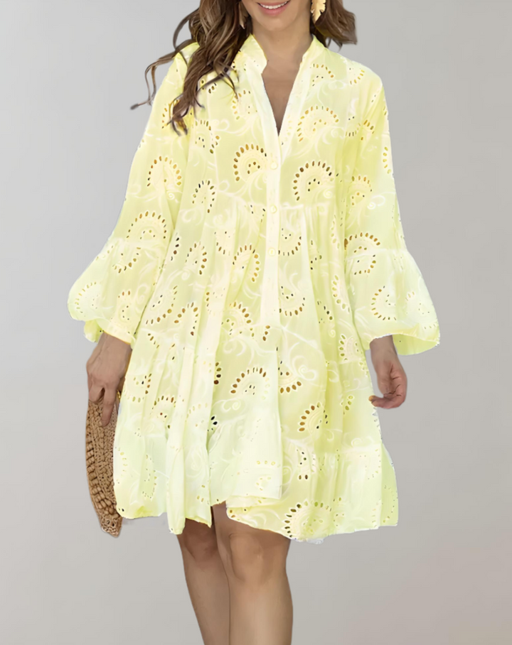 V-Neck Embroidered Bell Sleeve Dress in Relaxed Comfort