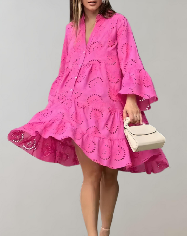 V-Neck Embroidered Bell Sleeve Dress in Relaxed Comfort