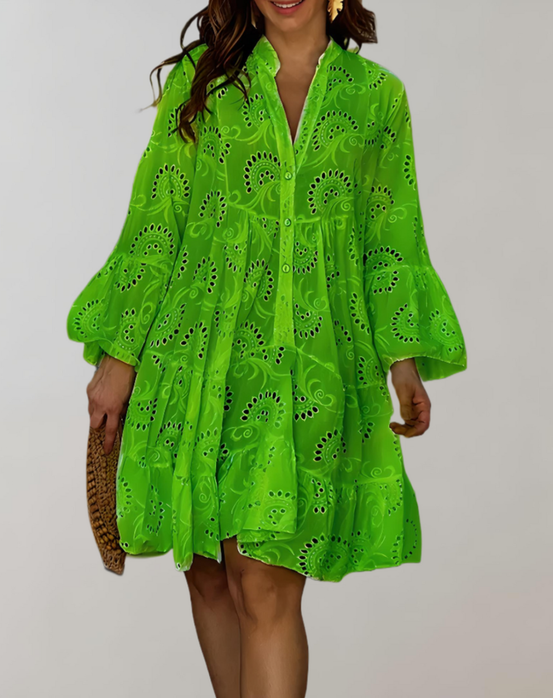 V-Neck Embroidered Bell Sleeve Dress in Relaxed Comfort