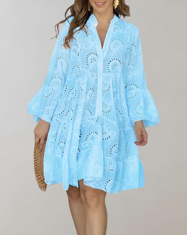 V-Neck Embroidered Bell Sleeve Dress in Relaxed Comfort