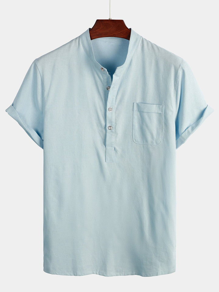 Solid Stand Collar Half-Button Linen Cotton Shirt for Men - Blue