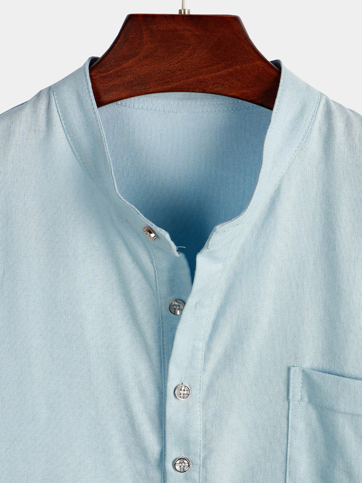 Solid Stand Collar Half-Button Linen Cotton Shirt for Men - color_variant