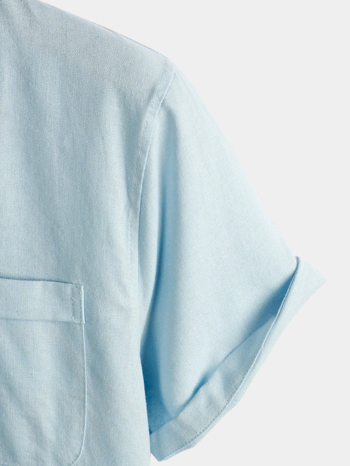 Solid Stand Collar Half-Button Linen Cotton Shirt for Men - color_variant