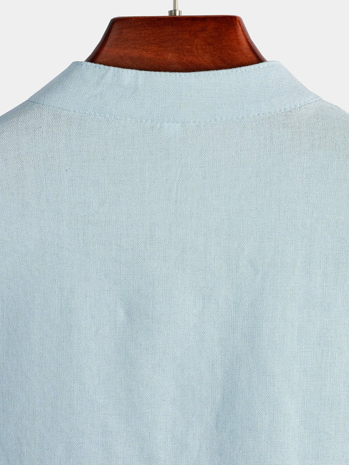 Solid Stand Collar Half-Button Linen Cotton Shirt for Men - color_variant