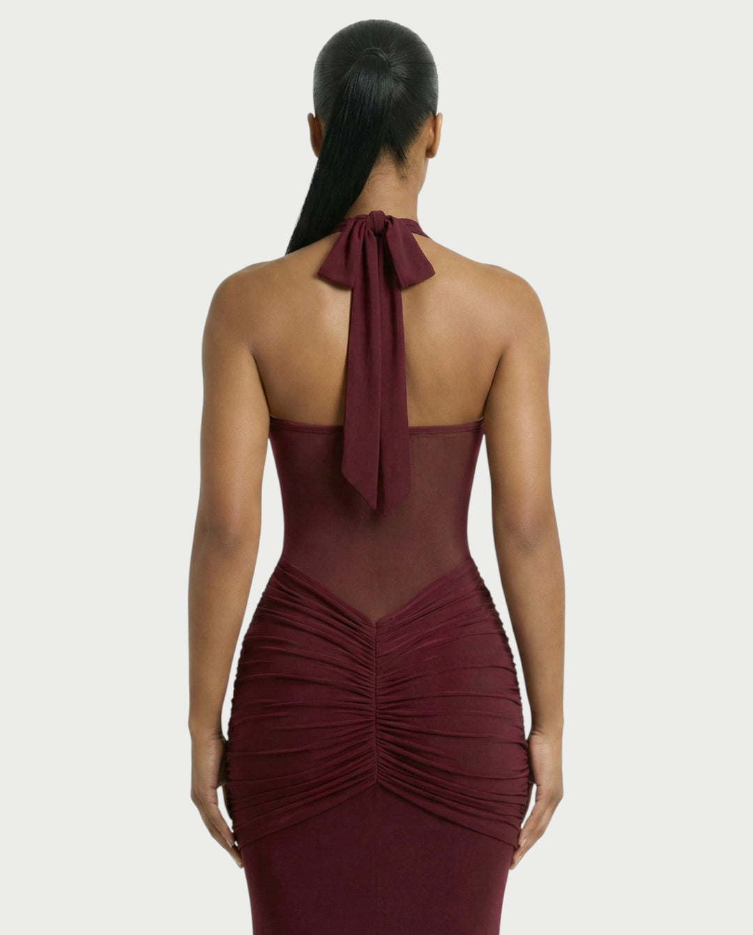 Alleya Halterneck Ruched Mesh Panel Maxi Dress for Women - gallery