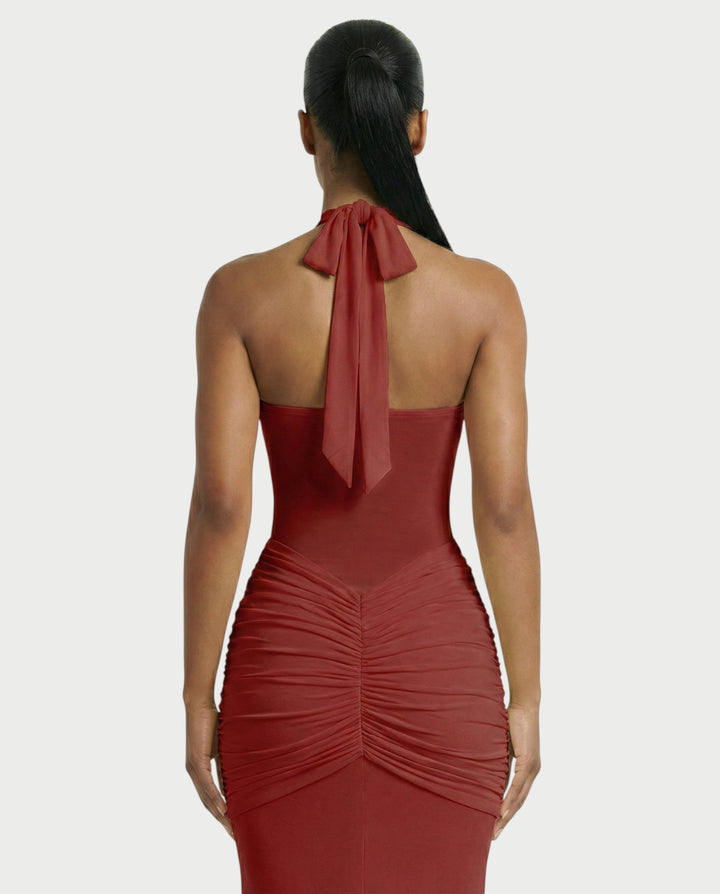 Alleya Halterneck Ruched Mesh Panel Maxi Dress for Women - gallery
