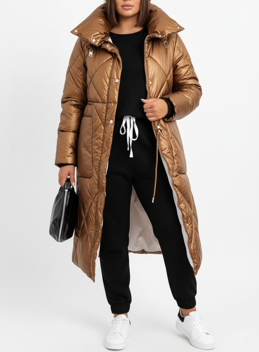 Long Quilted Puffer Jacket with Stand-Up Collar - Plus Sizes