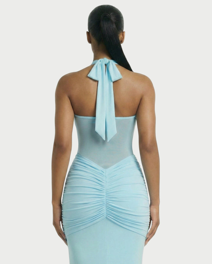 Alleya Halterneck Ruched Mesh Panel Maxi Dress for Women - gallery