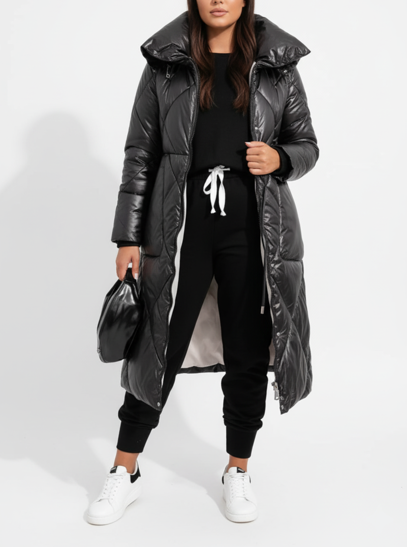 Long Quilted Puffer Jacket with Stand-Up Collar - Plus Sizes