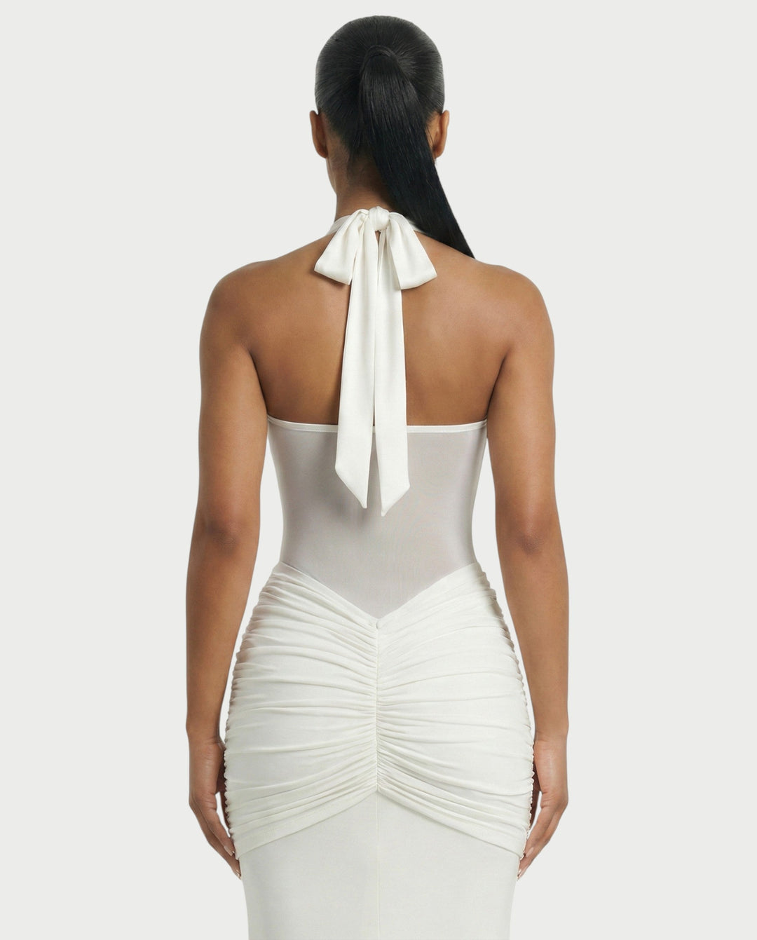 Alleya Halterneck Ruched Mesh Panel Maxi Dress for Women - gallery
