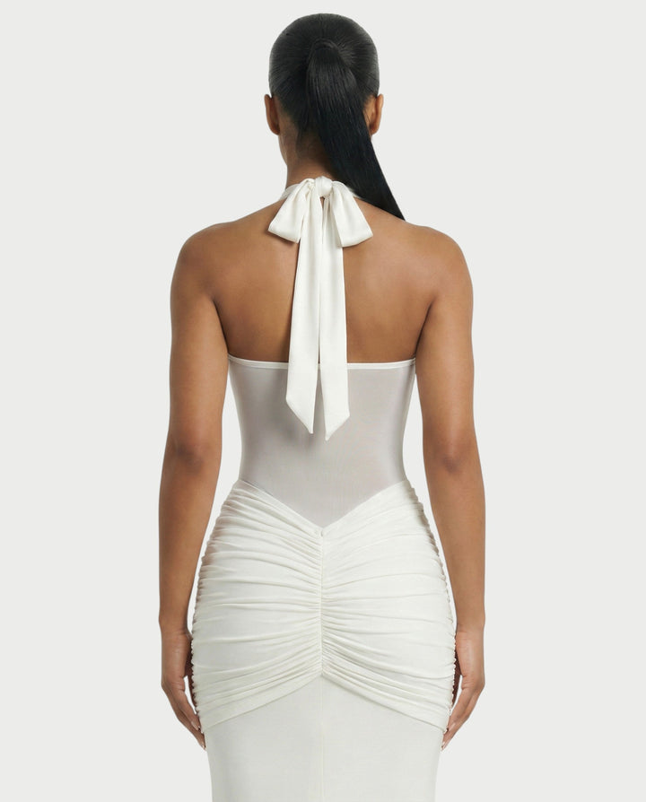 Alleya Halterneck Ruched Mesh Panel Maxi Dress for Women - gallery
