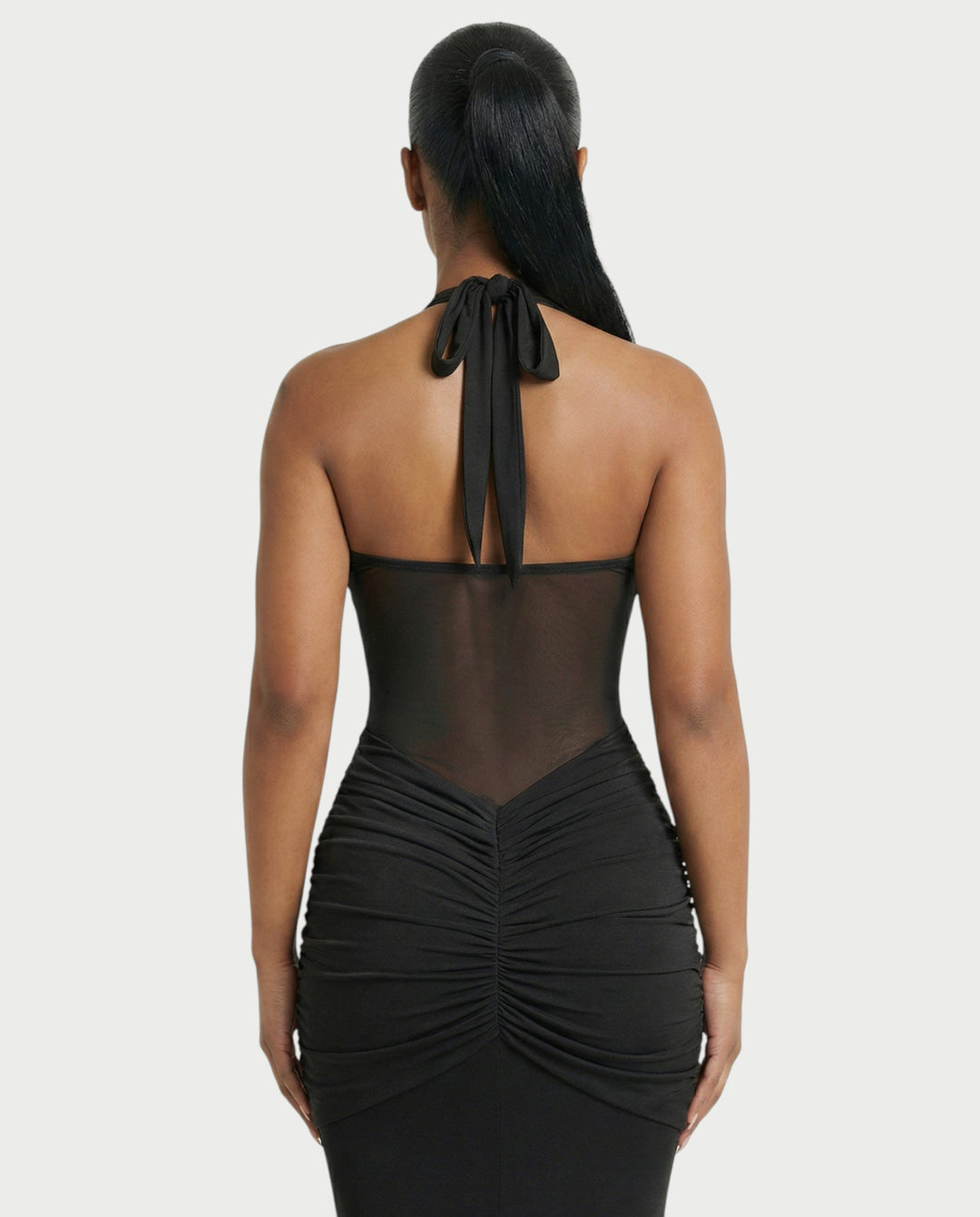 Alleya Halterneck Ruched Mesh Panel Maxi Dress for Women - gallery