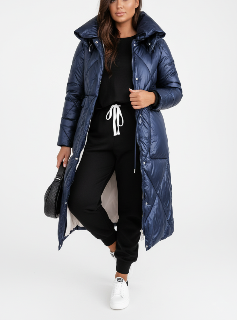 Long Quilted Puffer Jacket with Stand-Up Collar - Plus Sizes