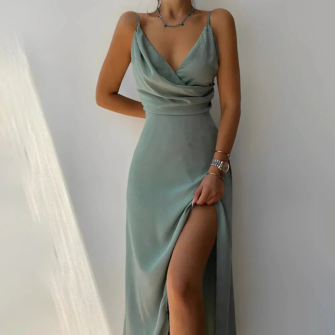 Maxi Dress with Deep V-Neckline and Thigh-High Slit