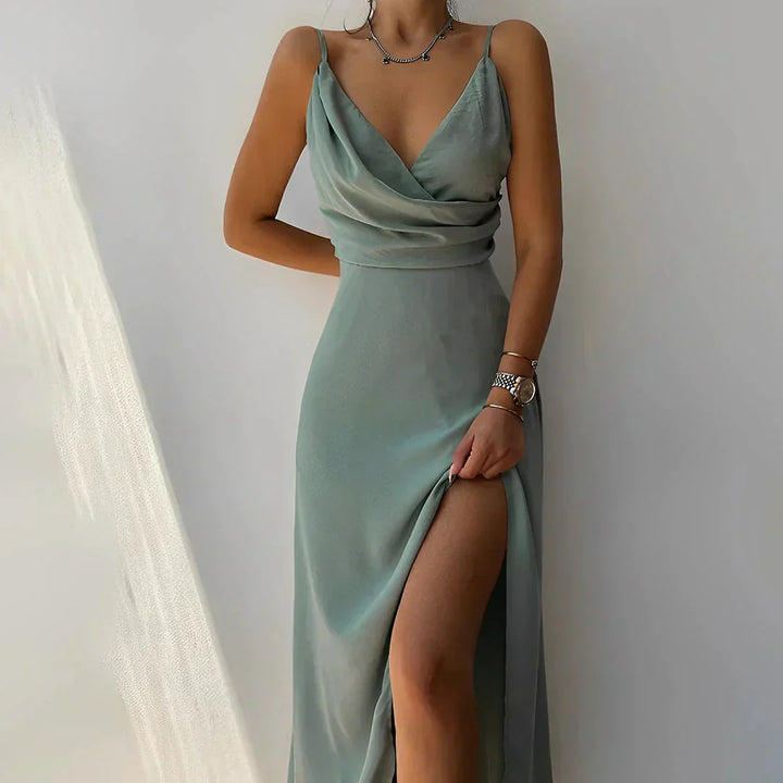 Maxi Dress with Deep V-Neckline and Thigh-High Slit