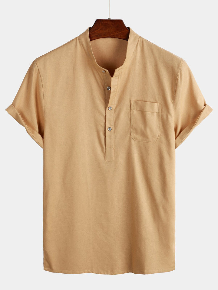 Solid Stand Collar Half-Button Linen Cotton Shirt for Men - Khaki