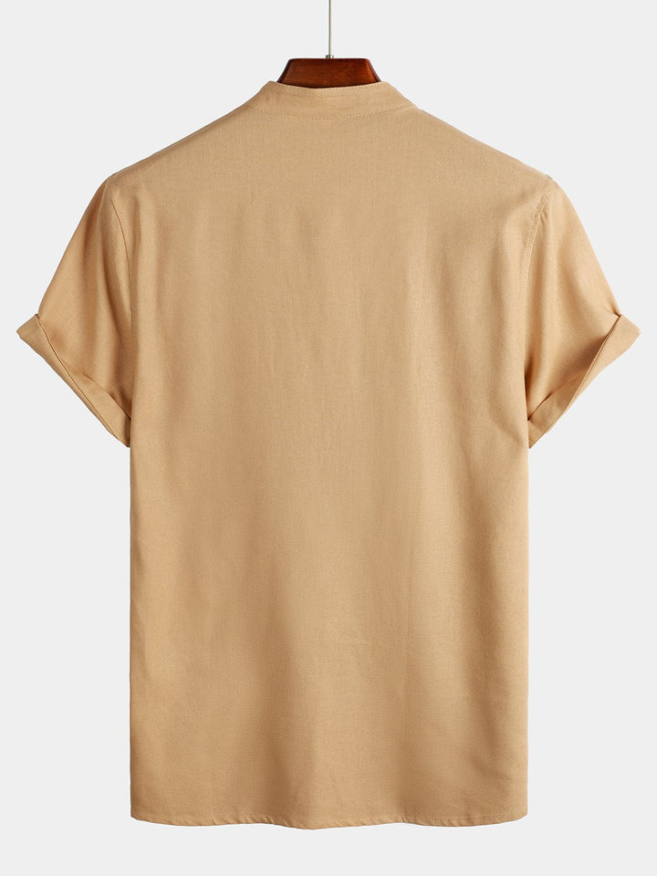 Solid Stand Collar Half-Button Linen Cotton Shirt for Men - color_variant
