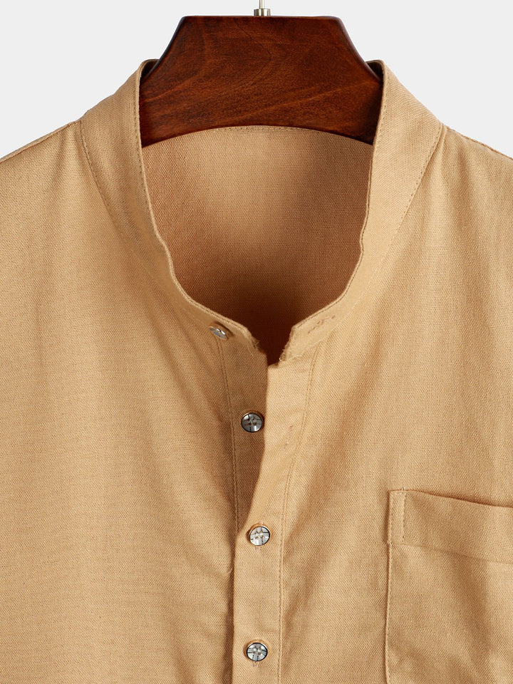 Solid Stand Collar Half-Button Linen Cotton Shirt for Men - color_variant