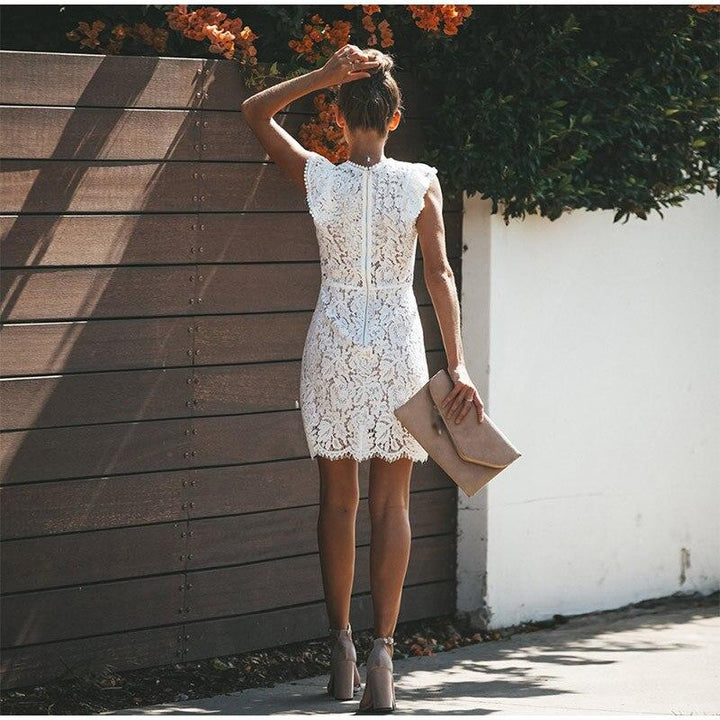 Lace Dress with Delicate Overlay - Women's Evening Style