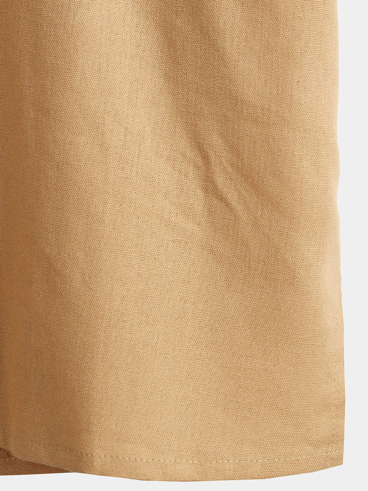 Solid Stand Collar Half-Button Linen Cotton Shirt for Men - color_variant