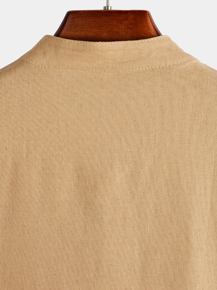 Solid Stand Collar Half-Button Linen Cotton Shirt for Men - color_variant