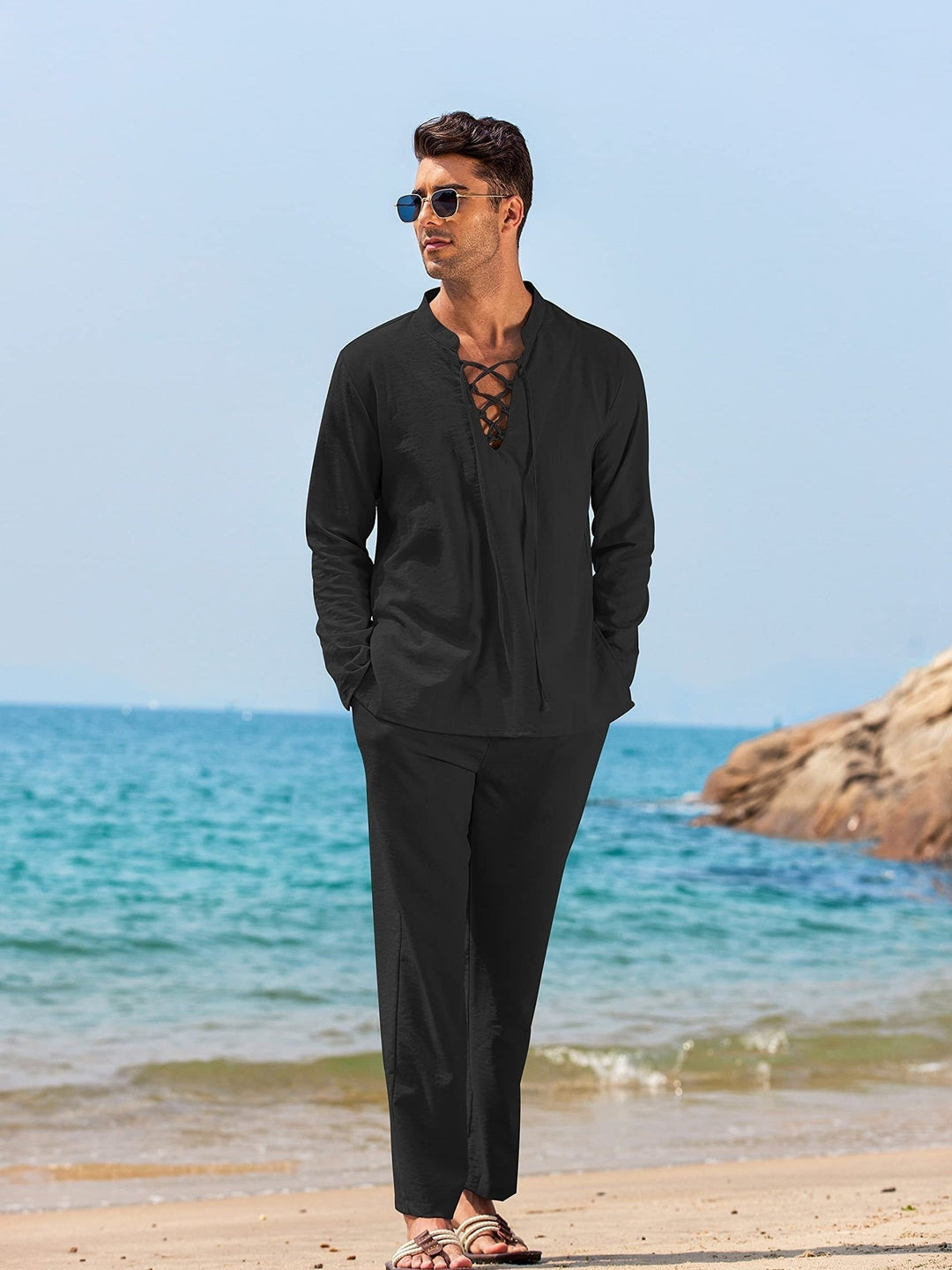 Breathable Summer Henley and Trousers Set for Men - White