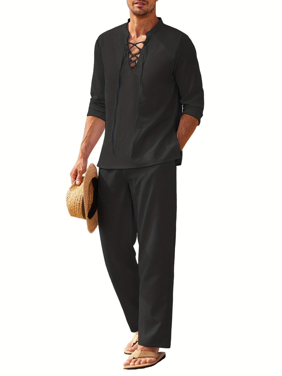 Breathable Summer Henley and Trousers Set for Men - Black