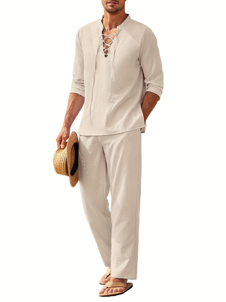 Breathable Summer Henley and Trousers Set for Men - gallery
