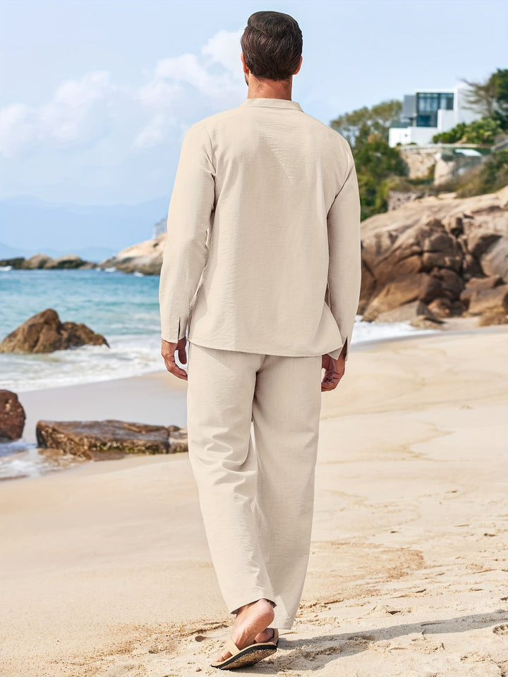 Breathable Summer Henley and Trousers Set for Men - Beige