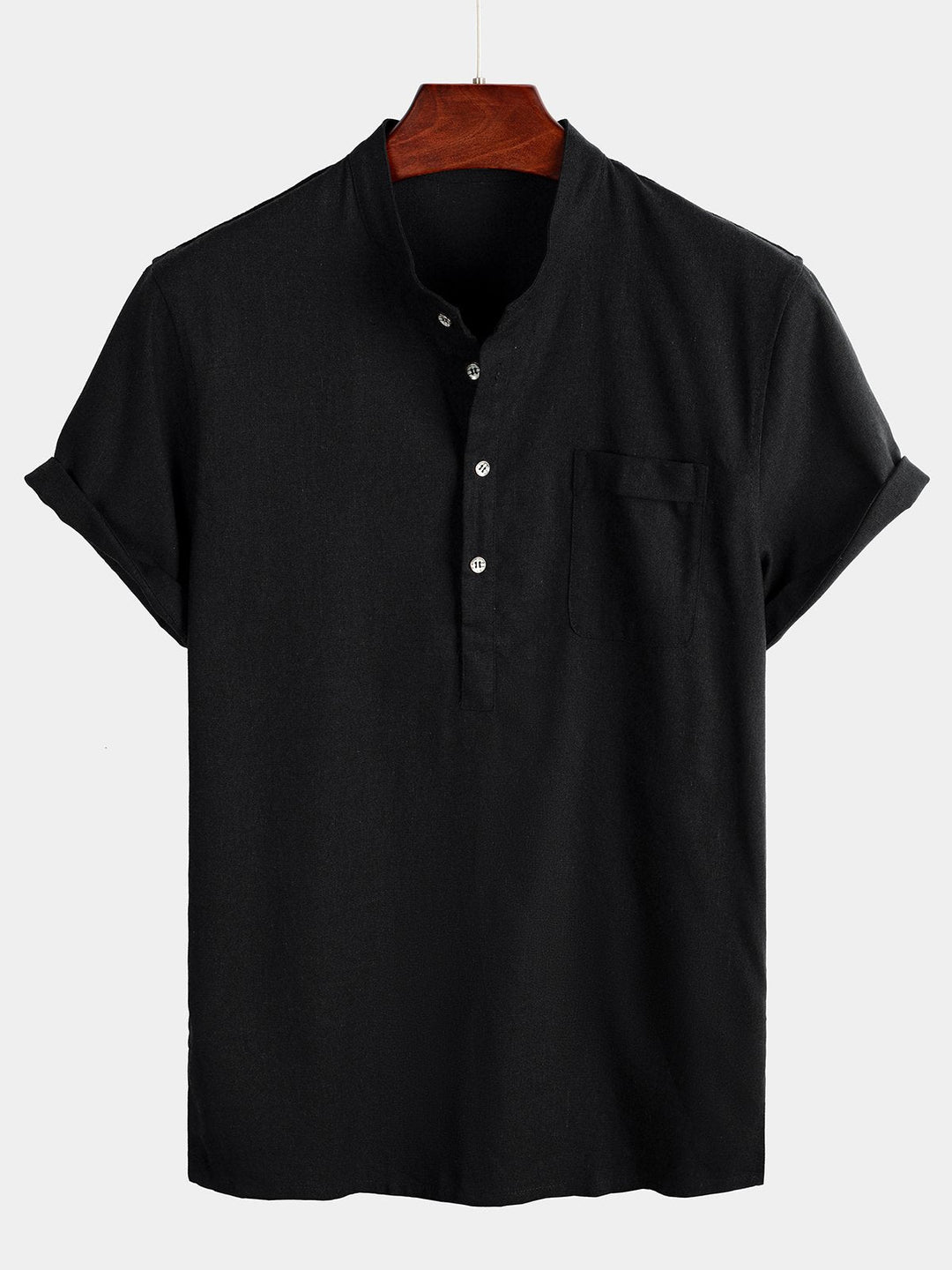 Solid Stand Collar Half-Button Linen Cotton Shirt for Men - Black