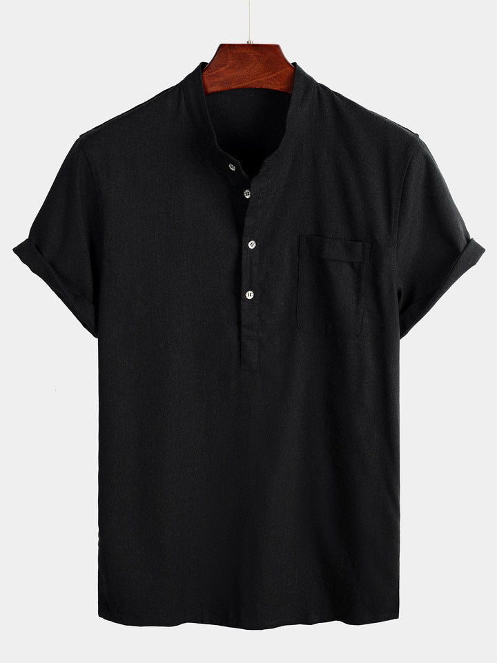 Solid Stand Collar Half-Button Linen Cotton Shirt for Men - Black