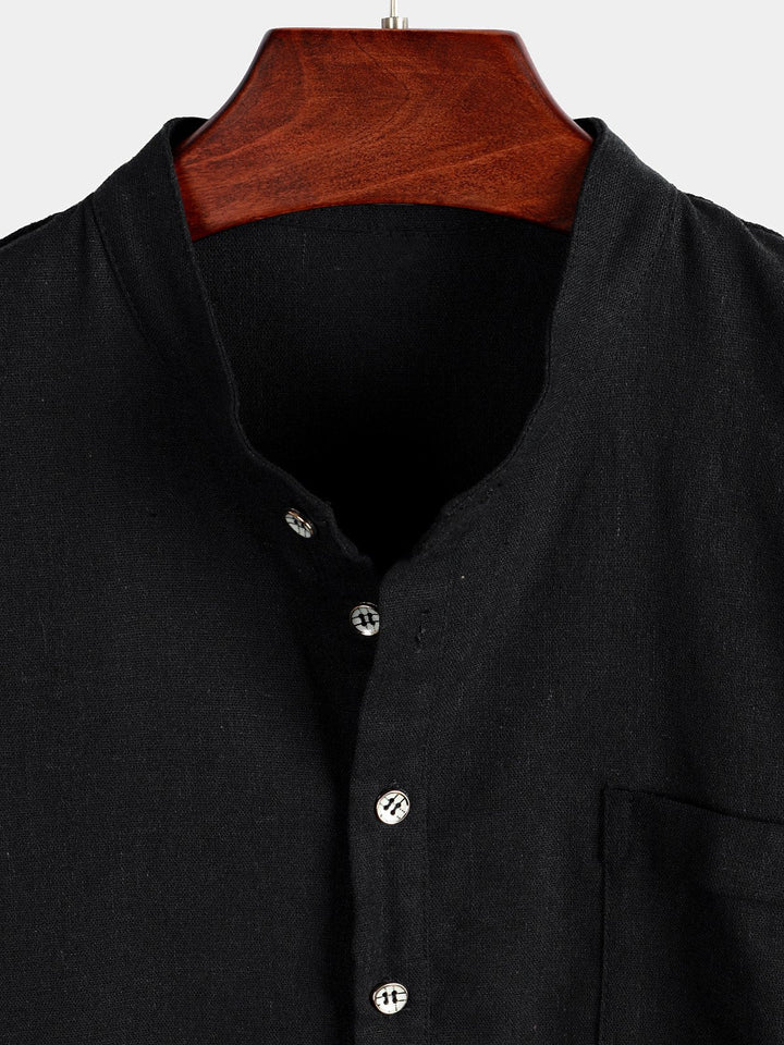 Solid Stand Collar Half-Button Linen Cotton Shirt for Men - color_variant