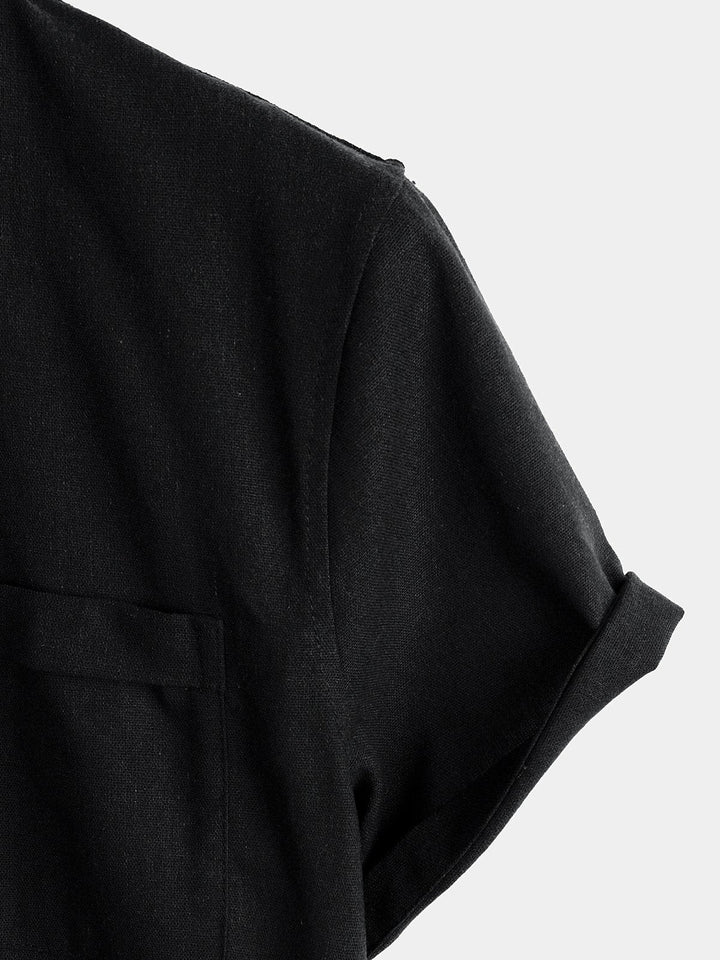 Solid Stand Collar Half-Button Linen Cotton Shirt for Men - color_variant